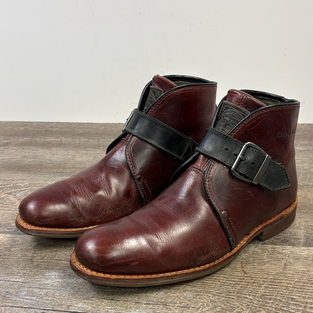 Caterpillar “1904” Leather Buckle Ankle Boots -Distressed Ox Blood Leather 10.5